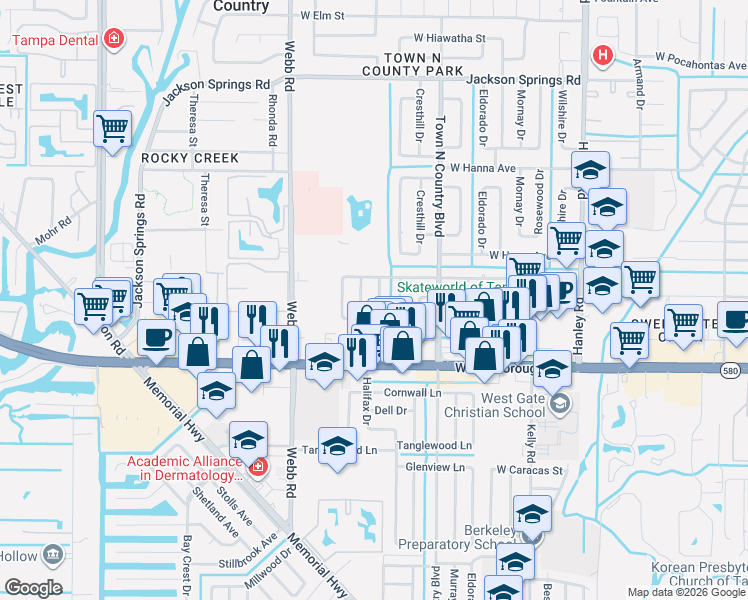 map of restaurants, bars, coffee shops, grocery stores, and more near 5607 Halifax Drive in Tampa
