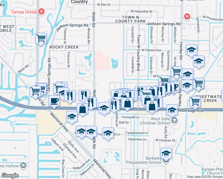 map of restaurants, bars, coffee shops, grocery stores, and more near 5607 Halifax Drive in Tampa