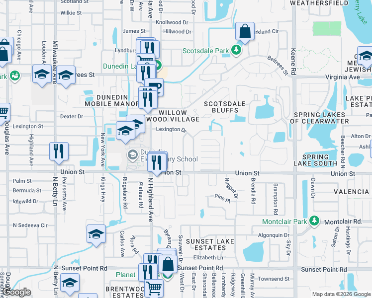 map of restaurants, bars, coffee shops, grocery stores, and more near 58 Ventura Drive in Dunedin