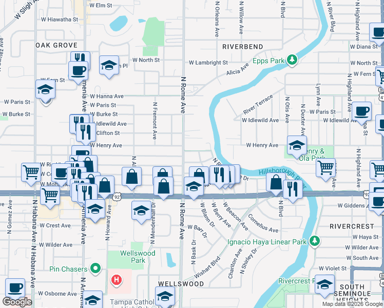 map of restaurants, bars, coffee shops, grocery stores, and more near 5707 North Rome Avenue in Tampa