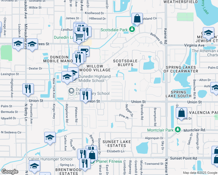 map of restaurants, bars, coffee shops, grocery stores, and more near 65 Lexington Drive in Dunedin