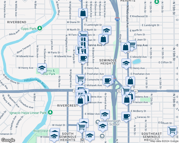 map of restaurants, bars, coffee shops, grocery stores, and more near 5703 North Suwanee Avenue in Tampa