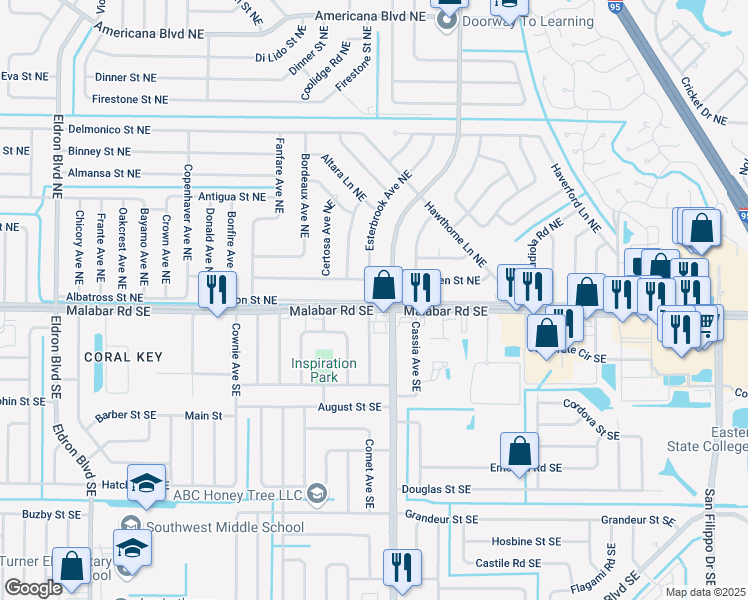 map of restaurants, bars, coffee shops, grocery stores, and more near 1490 Emerson Drive Northeast in Palm Bay