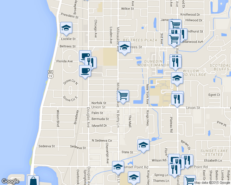 map of restaurants, bars, coffee shops, grocery stores, and more near 551 Orangewood Drive in Dunedin