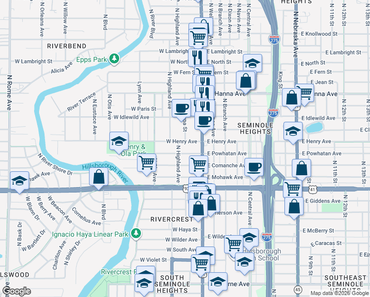 map of restaurants, bars, coffee shops, grocery stores, and more near 115 West Powhatan Avenue in Tampa
