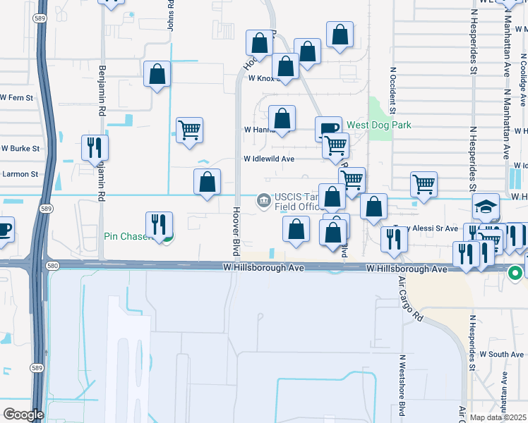 map of restaurants, bars, coffee shops, grocery stores, and more near 5629 Hoover Boulevard in Tampa