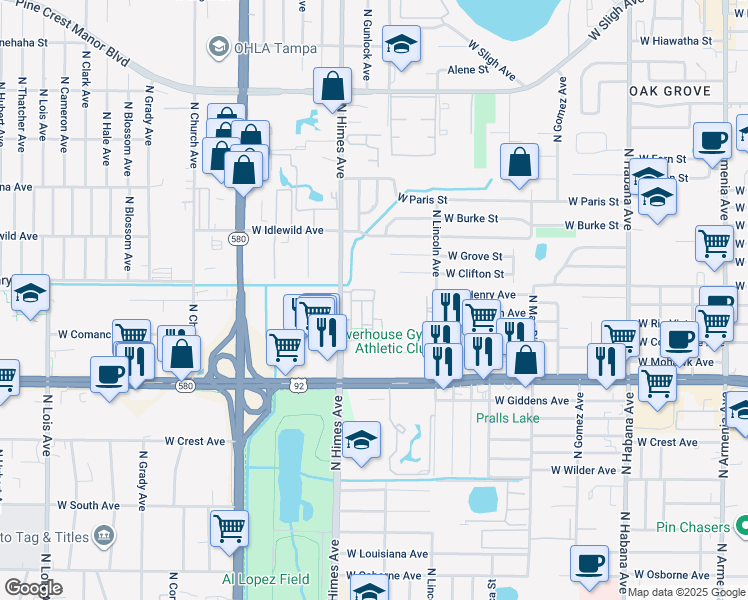 map of restaurants, bars, coffee shops, grocery stores, and more near 5622 Napoleon Court in Tampa