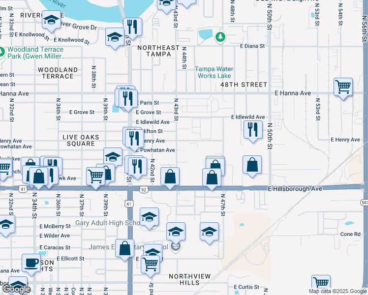 map of restaurants, bars, coffee shops, grocery stores, and more near 4229 East Powhatan Avenue in Tampa