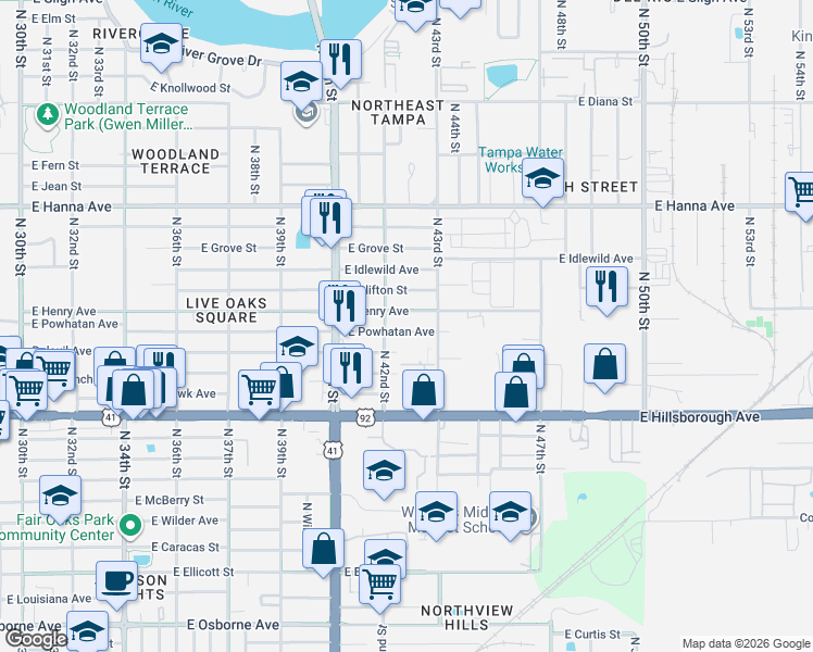 map of restaurants, bars, coffee shops, grocery stores, and more near 4205 East Powhatan Avenue in Tampa