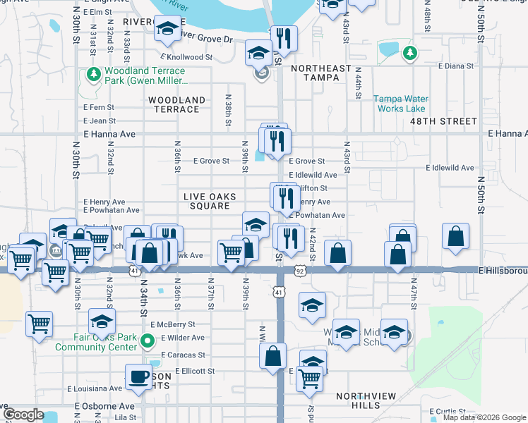 map of restaurants, bars, coffee shops, grocery stores, and more near 3920 East Powhatan Avenue in Tampa