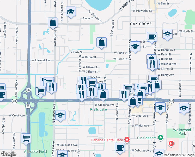 map of restaurants, bars, coffee shops, grocery stores, and more near 3111 West Powhatan Avenue in Tampa