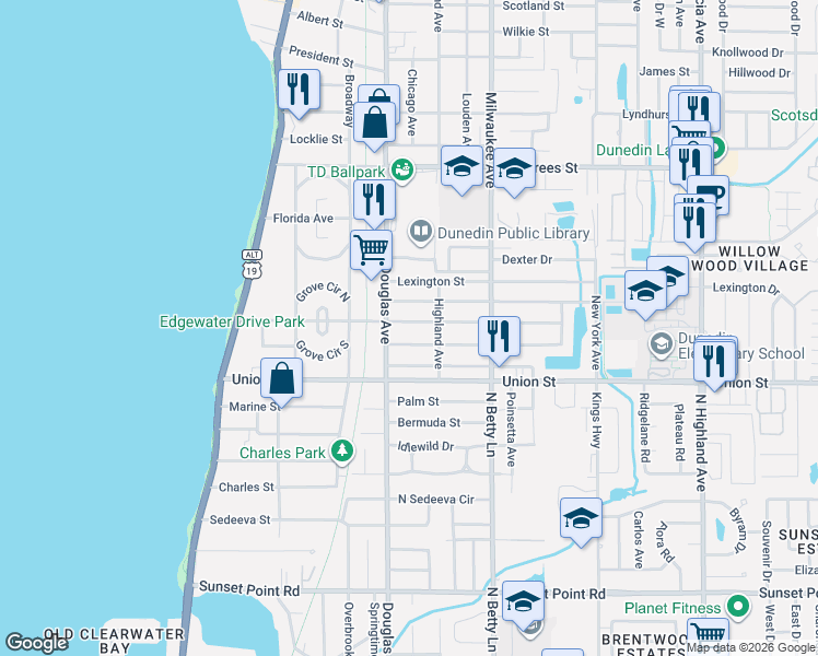 map of restaurants, bars, coffee shops, grocery stores, and more near 442 Richmond Street in Dunedin