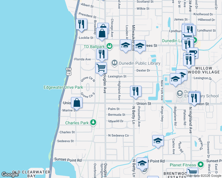 map of restaurants, bars, coffee shops, grocery stores, and more near 442 Richmond Street in Dunedin