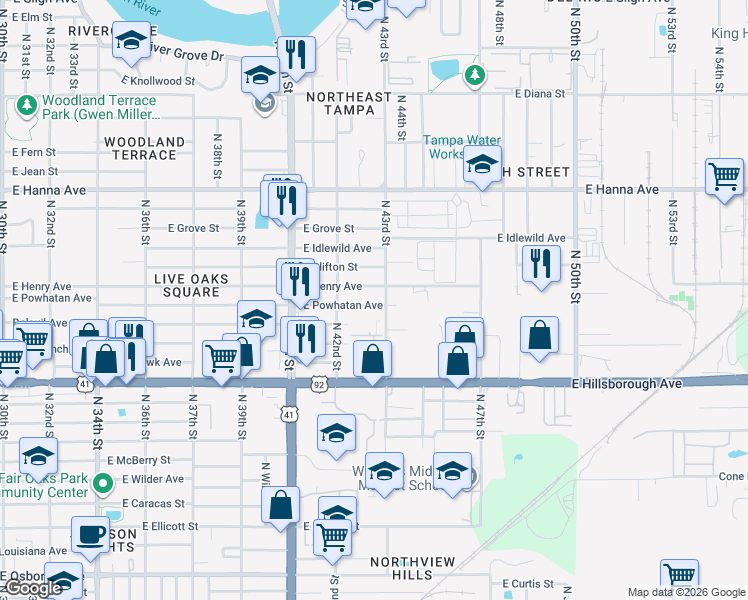 map of restaurants, bars, coffee shops, grocery stores, and more near 4229 East Powhatan Avenue in Tampa