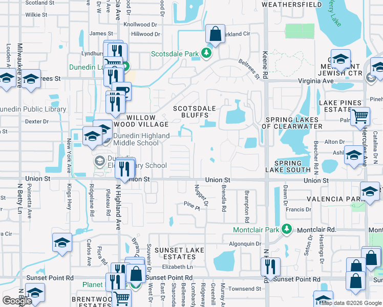 map of restaurants, bars, coffee shops, grocery stores, and more near 1018 Egret Court in Dunedin