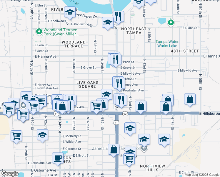 map of restaurants, bars, coffee shops, grocery stores, and more near 3920 East Powhatan Avenue in Tampa