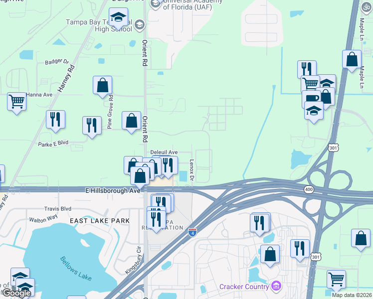 map of restaurants, bars, coffee shops, grocery stores, and more near 7712 Deleuil Avenue in Tampa