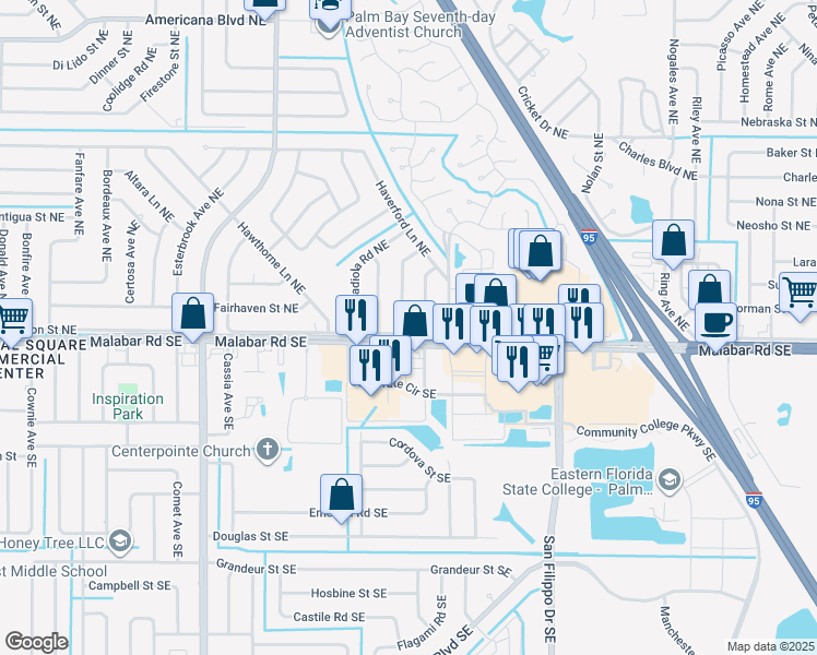 map of restaurants, bars, coffee shops, grocery stores, and more near 101 Billiar Avenue Northeast in Palm Bay