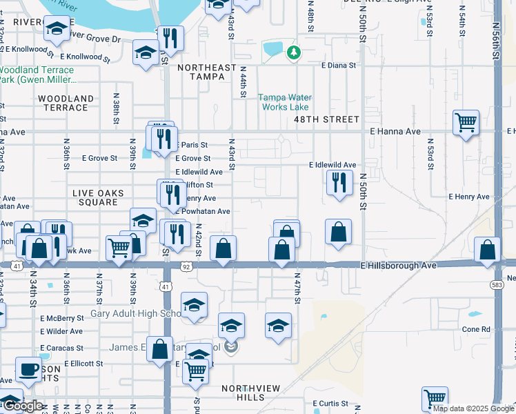 map of restaurants, bars, coffee shops, grocery stores, and more near 4323 East Henry Avenue in Tampa