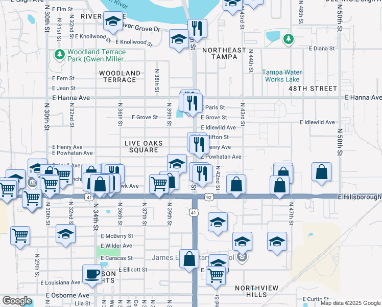 map of restaurants, bars, coffee shops, grocery stores, and more near 3920 East Powhatan Avenue in Tampa