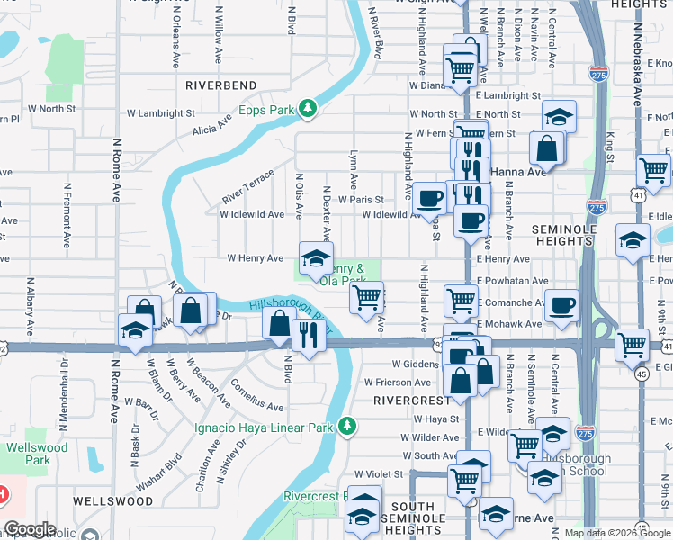 map of restaurants, bars, coffee shops, grocery stores, and more near 502 West Henry Avenue in Tampa