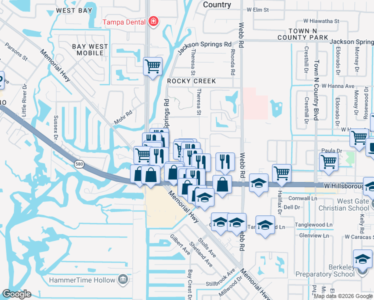 map of restaurants, bars, coffee shops, grocery stores, and more near 8505 Sunbeam Lane in Tampa