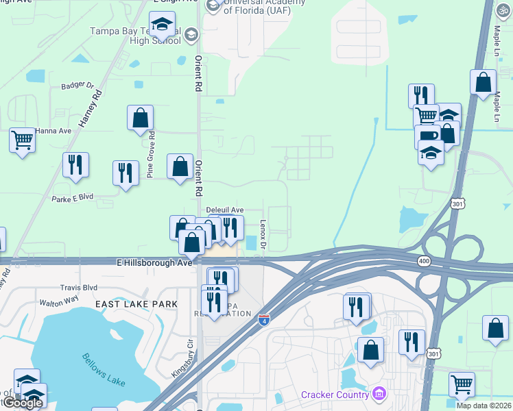 map of restaurants, bars, coffee shops, grocery stores, and more near 7712 Deleuil Avenue in Tampa