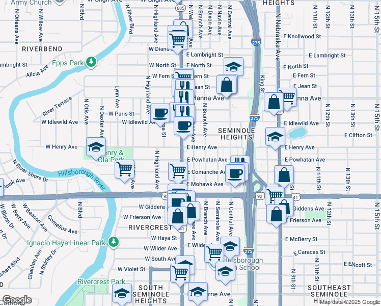 map of restaurants, bars, coffee shops, grocery stores, and more near 5703 North Suwanee Avenue in Tampa