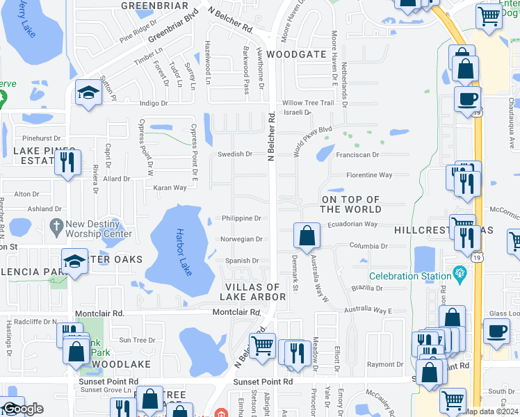 map of restaurants, bars, coffee shops, grocery stores, and more near 2291 World Parkway Boulevard West in Clearwater