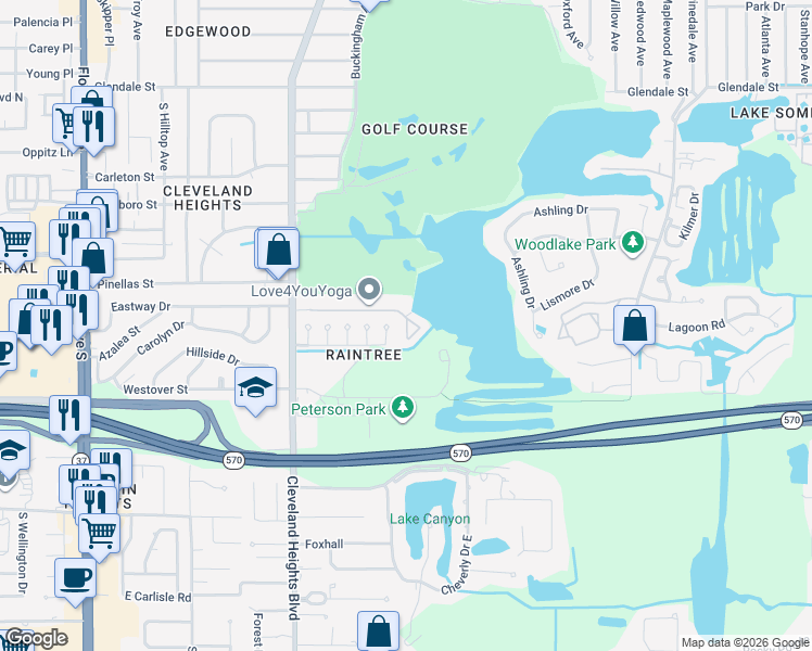 map of restaurants, bars, coffee shops, grocery stores, and more near 3520 Cleveland Heights Boulevard in Lakeland