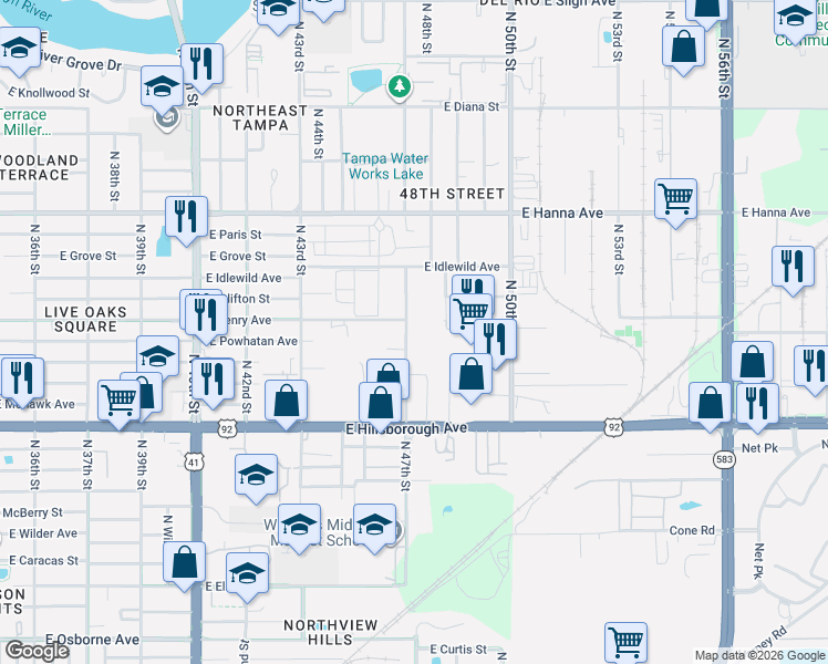 map of restaurants, bars, coffee shops, grocery stores, and more near 5711 North 47th Street in Tampa
