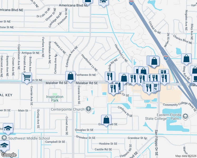 map of restaurants, bars, coffee shops, grocery stores, and more near 973 Crocus Street Northeast in Palm Bay
