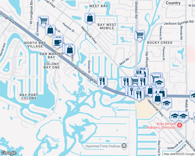 map of restaurants, bars, coffee shops, grocery stores, and more near 9213 Tudor Drive in Tampa