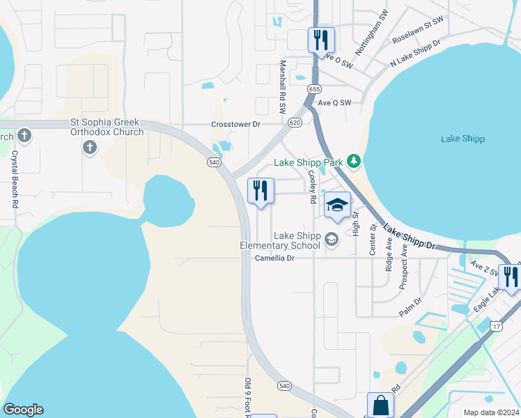 map of restaurants, bars, coffee shops, grocery stores, and more near 1192 Normandy Heights Circle in Winter Haven