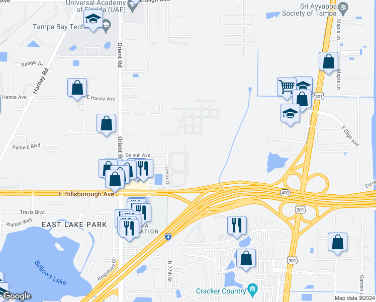 map of restaurants, bars, coffee shops, grocery stores, and more near 5605 William Grant Way in Tampa