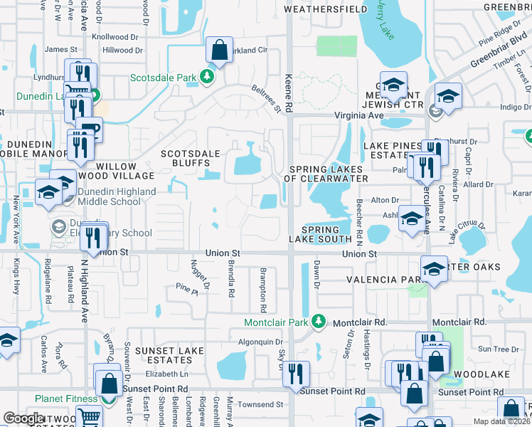 map of restaurants, bars, coffee shops, grocery stores, and more near 1465 Millstream Lane in Dunedin