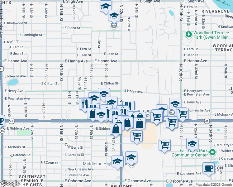 map of restaurants, bars, coffee shops, grocery stores, and more near 2014 East Powhatan Avenue in Tampa