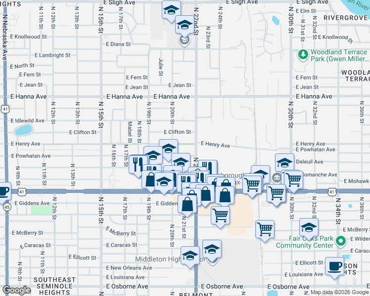 map of restaurants, bars, coffee shops, grocery stores, and more near 2014 East Powhatan Avenue in Tampa