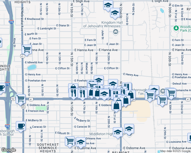 map of restaurants, bars, coffee shops, grocery stores, and more near 5701 North 19th Street in Tampa