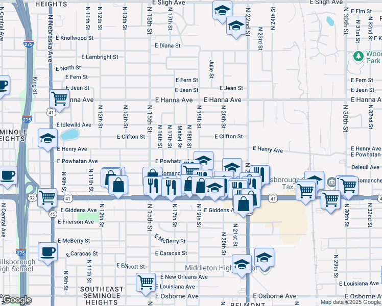 map of restaurants, bars, coffee shops, grocery stores, and more near 1710 East Powhatan Avenue in Tampa