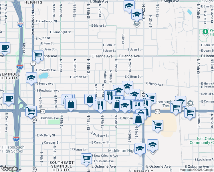 map of restaurants, bars, coffee shops, grocery stores, and more near 1710 East Powhatan Avenue in Tampa