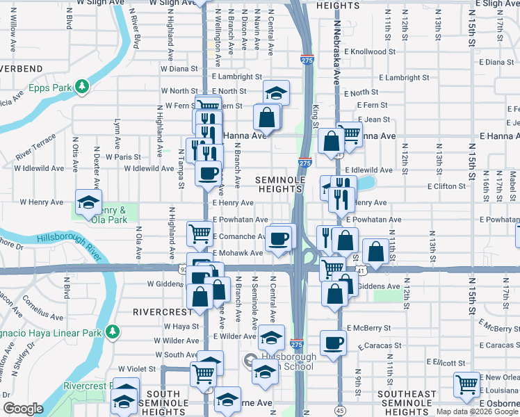 map of restaurants, bars, coffee shops, grocery stores, and more near 5702 North Seminole Avenue in Tampa