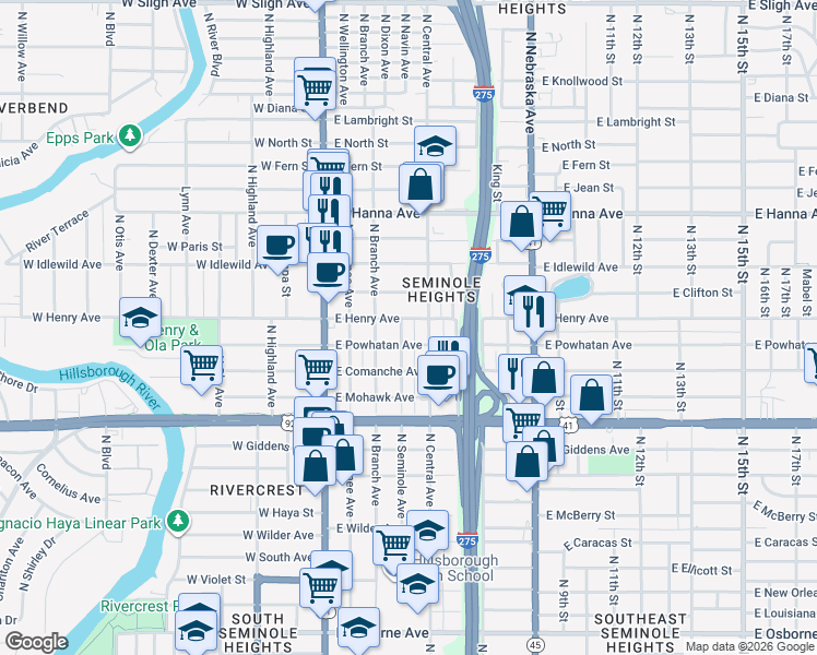 map of restaurants, bars, coffee shops, grocery stores, and more near 5702 North Seminole Avenue in Tampa