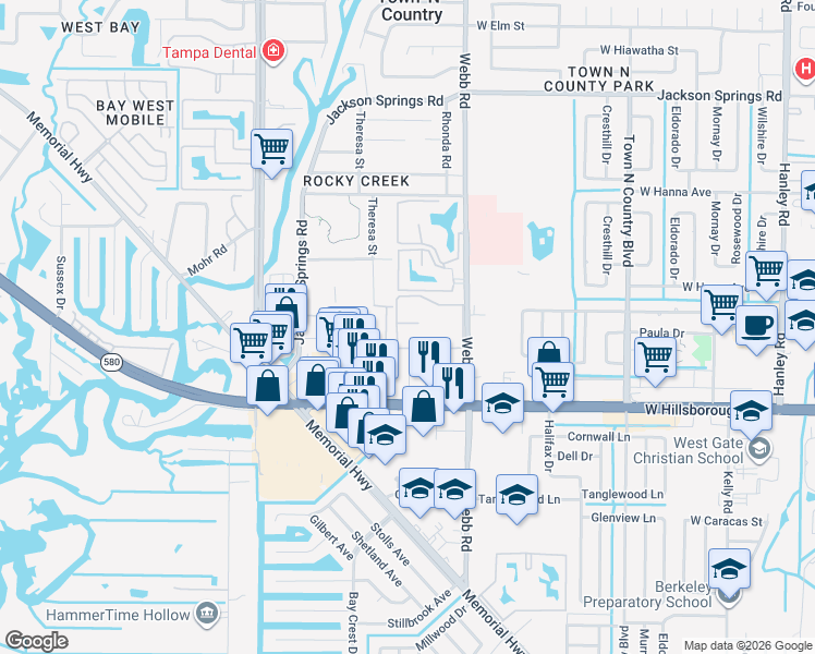 map of restaurants, bars, coffee shops, grocery stores, and more near 5709 Desert Rose Place in Tampa