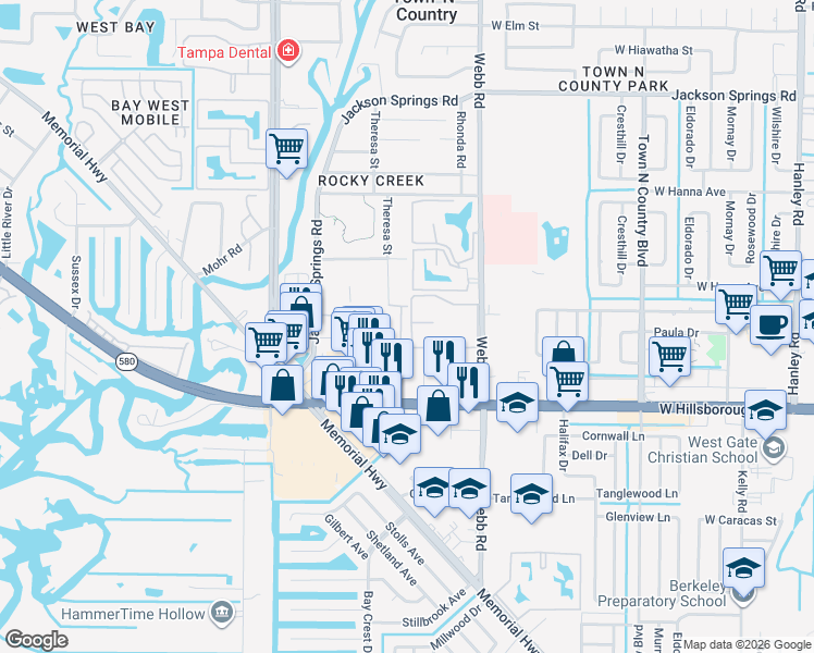 map of restaurants, bars, coffee shops, grocery stores, and more near 5709 Desert Rose Place in Tampa