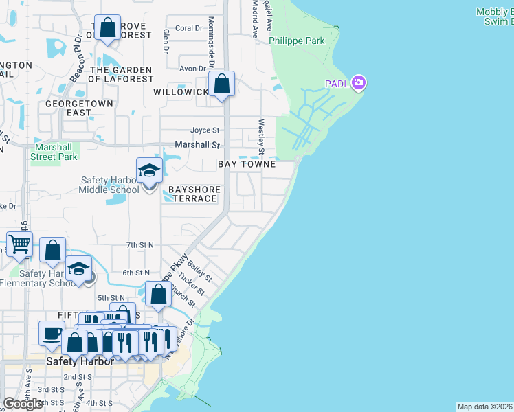 map of restaurants, bars, coffee shops, grocery stores, and more near 1117 North Bayshore Drive in Safety Harbor
