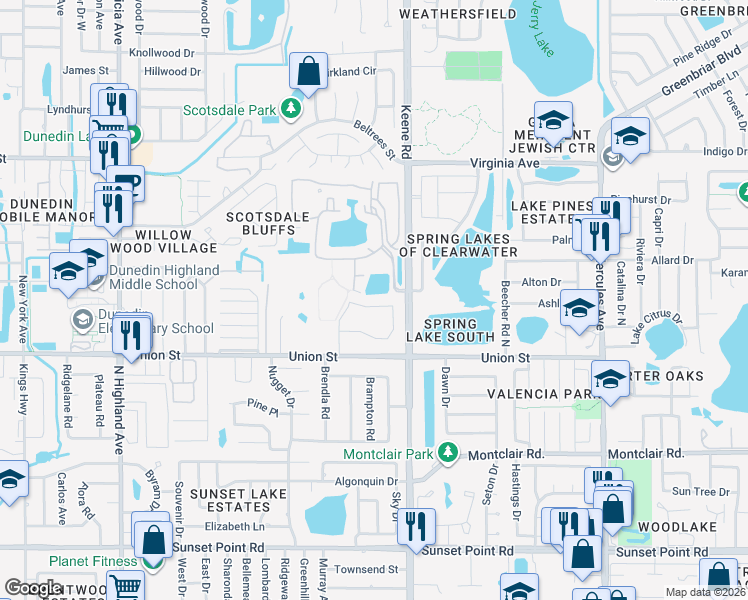 map of restaurants, bars, coffee shops, grocery stores, and more near 1465 Millstream Lane in Dunedin