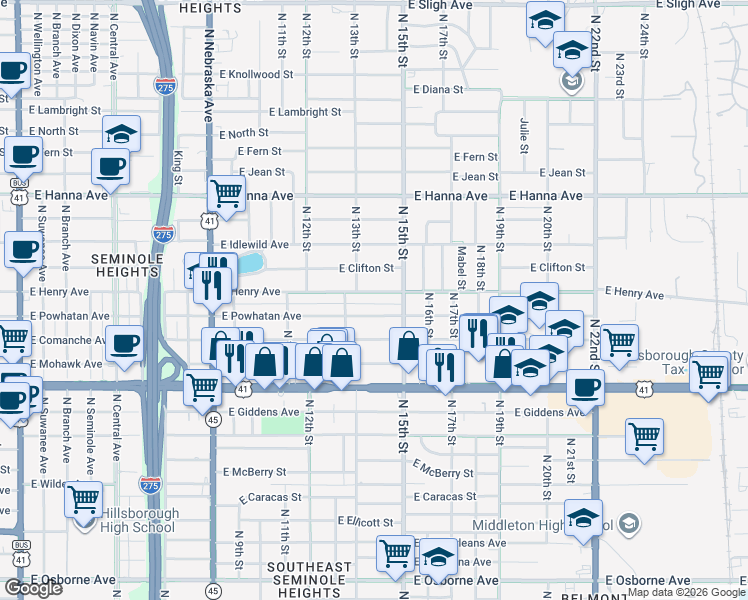 map of restaurants, bars, coffee shops, grocery stores, and more near 1415 East Henry Avenue in Tampa