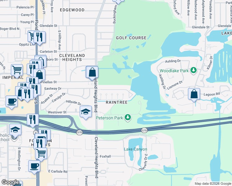 map of restaurants, bars, coffee shops, grocery stores, and more near 3537 Raintree Lane in Lakeland
