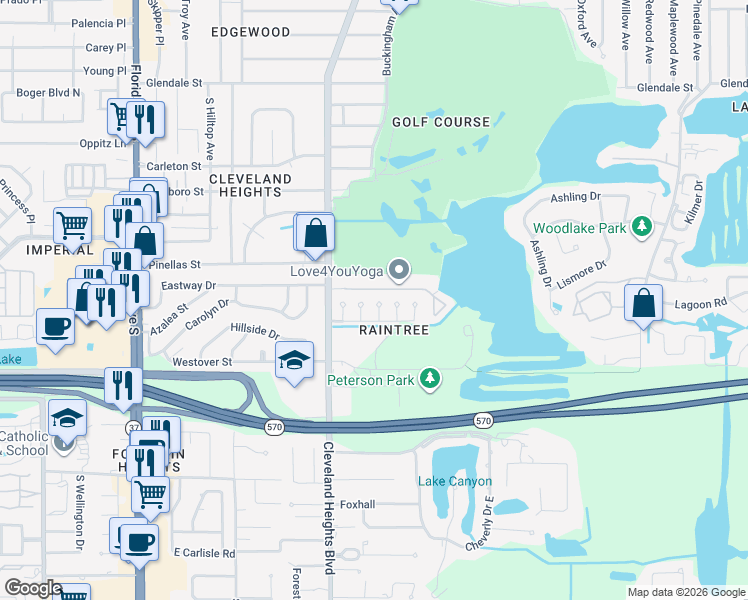 map of restaurants, bars, coffee shops, grocery stores, and more near 3535 Raintree Way in Lakeland